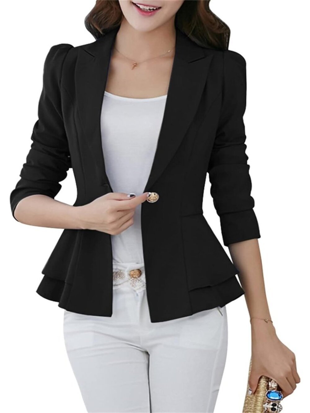 Women's Black Slim Button Down Blazer Solid Color Office Cardigan Long Sleeve
